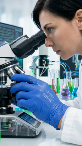 Female scientist using a microscope in a laboratory, wearing professional blue NITRI TECH nitrile gloves.